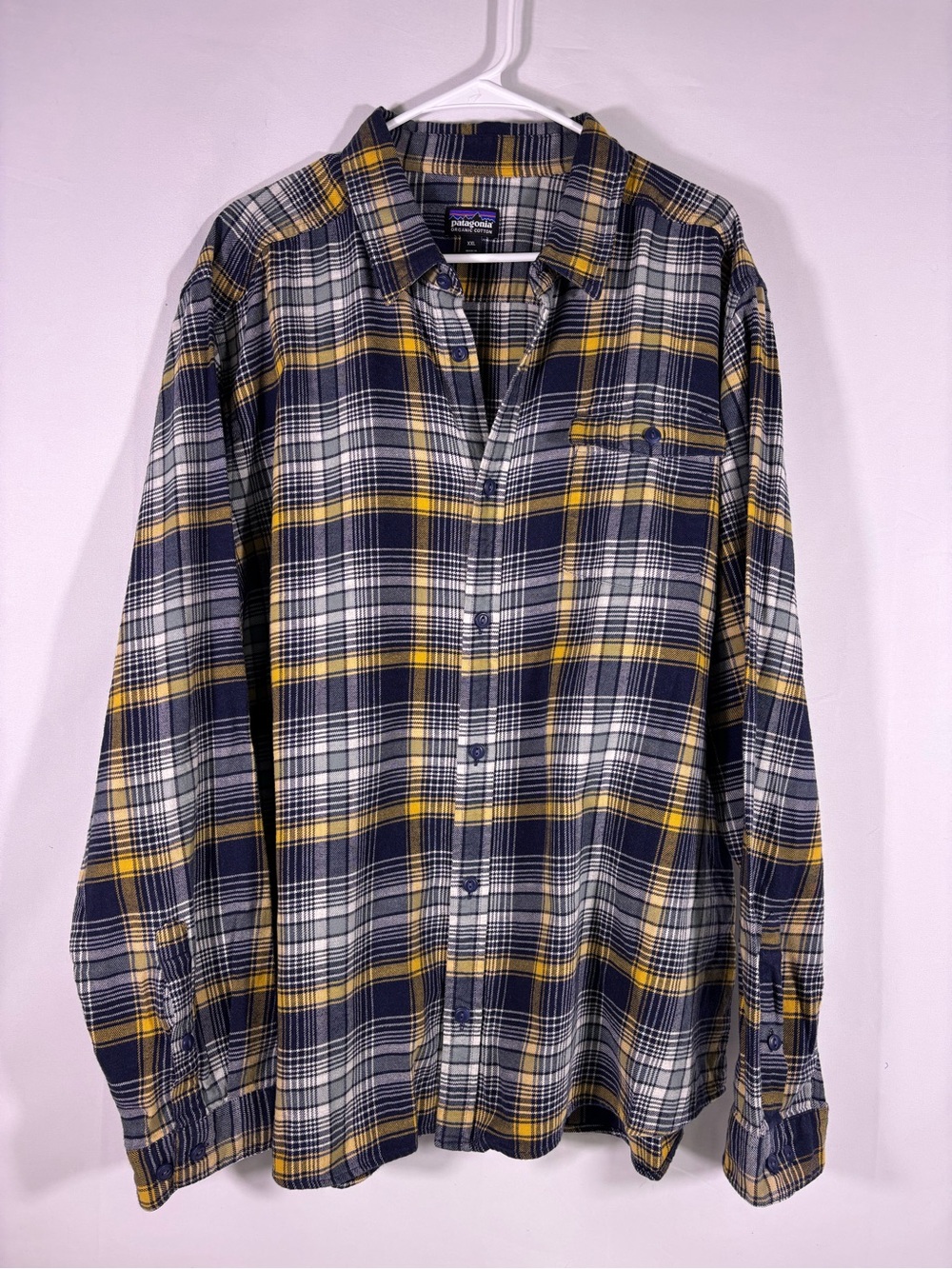 Patagonia Organic Cotton Plaid Flannel Button Up Shirt Navy Mustard Fall XXL